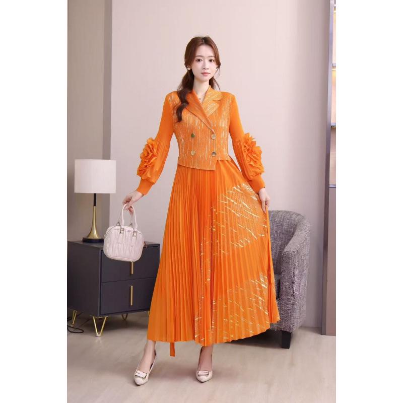 European and American Panhua 3D Floral Pleated Dress with Lantern Sleeves and Large Swing Skirt