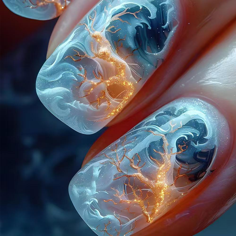 24-Piece Detachable Nail Art Tips with Blue Wave & Red Flame Design 24 Pieces