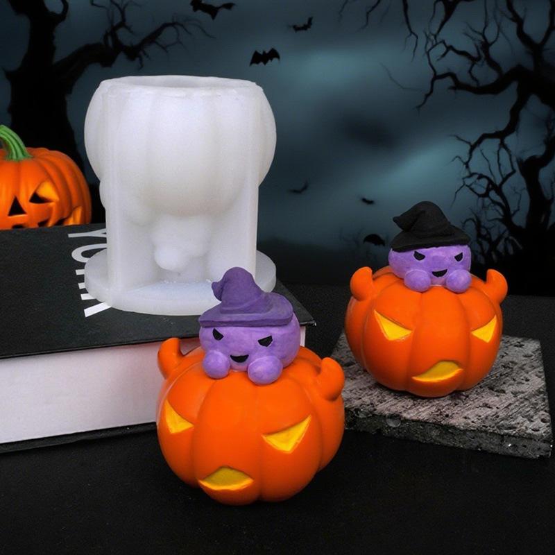 3D Bull Horn Pumpkin Candle Silicone Mold DIY Dark Ghost Pumpkin Combination Gypsum Resin Mold Halloween Gift Making Tool