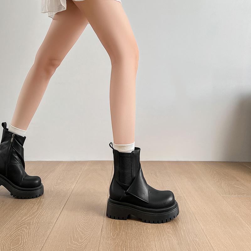 

2025 осень и зима новые челси на толстой подошве короткие ботинки круглый носок темперамент корейская версия уличная мода ботинки женские средние 35 чёрный