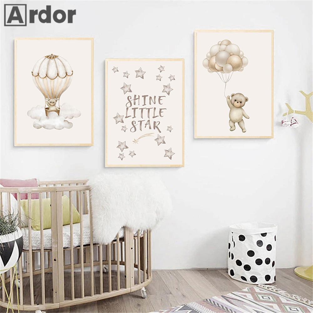 Cartoon Bear Wall Art Print Nursery Canvas Painting Star Hot Air Balloon Poster Prints Nordic Wall Pictures Baby Room Decoration