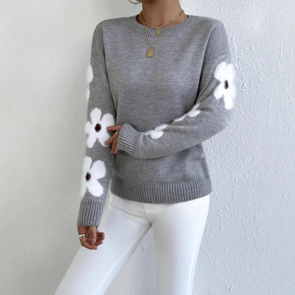 Ladies Clothes Sueter Flower Print Loose Round Neck Long Sleeve Autumn Winter Versatile Pullover Sweater Autumn Clothing Womens