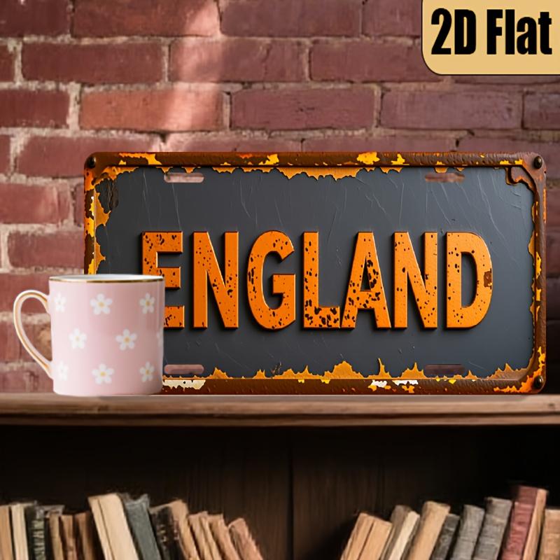 

D Flat Printing Vintage Distressed ENGLAND with Rustic Orange Text Dark Metal Background Aluminum Tin Painting License Pla 15x30cm(5.9x7.8inch)