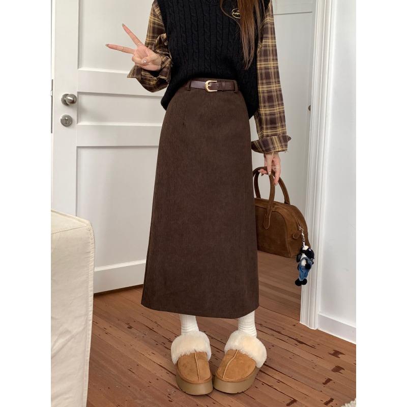 Women's Camel Corduroy Midi Skirt High Waist Straight Casual Warm Winter Skirt with Belt