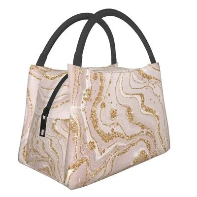 Gold- und cremefarbenes Marmormuster Thermoisolierte Lunchtaschen Damen Geometrischer Druck Tragbare Lunch-Tragetasche Multifunktionale Mahlzeiten-Lebensmittelbox