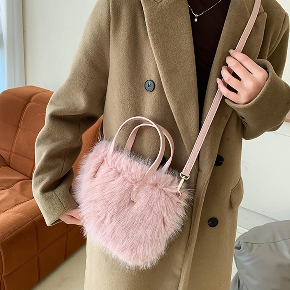 Women Faux Fur Crossbody Bag Adjustable Strap Handbag Solid Color Clutch Purse Satchel Purse for Travel Party