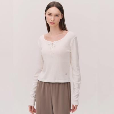 Women Rib FronT Lace Up Long Sleeve T hTwTl5k06T