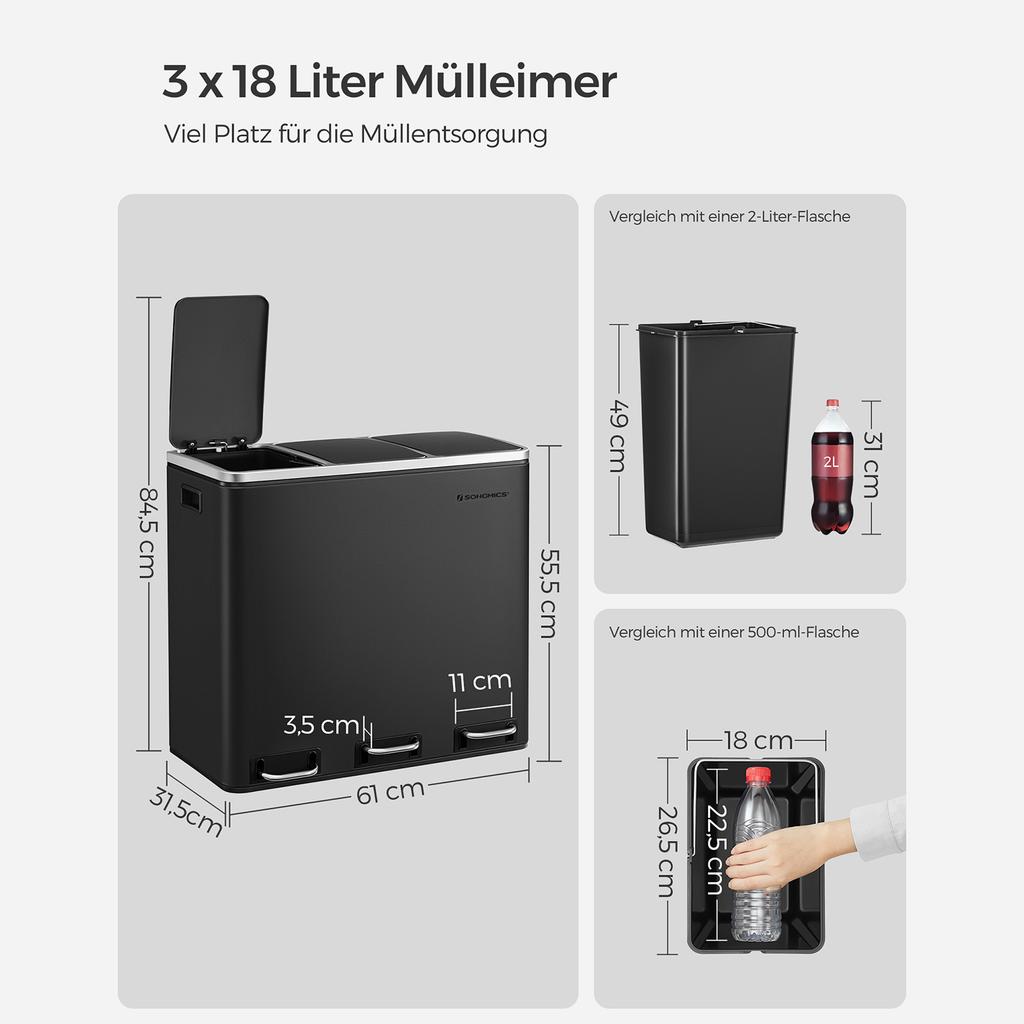SONGMICS Recycling Bin, 3 x 18 L Triple Kitchen Bin, 3 Compartment Pedal Bin with Soft-Close Lids, Plastic Inner Buckets, and Handles, Black