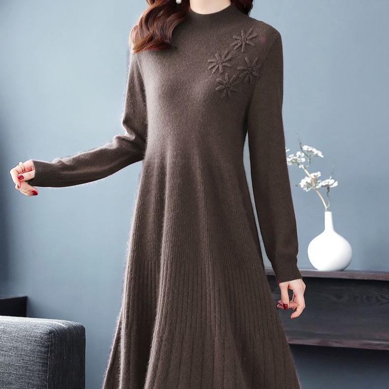 Mid-length Knitted Dress for Women Autumn and Winter Fashionable Embroidered Sweater Dress Solid Color Half Turtleneck Pullover
