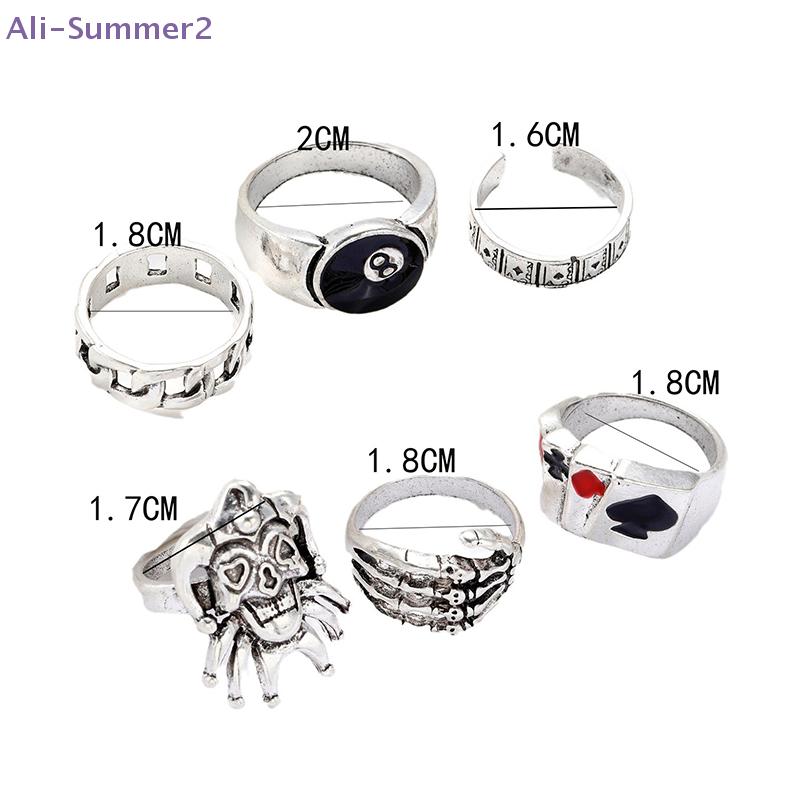 {Summer2} 6Pcs Punk Demon Claw Clown Poker Black 8 Billiard Rings Set For Women Men Vintage Gothic Finger Rings Party Jewelry