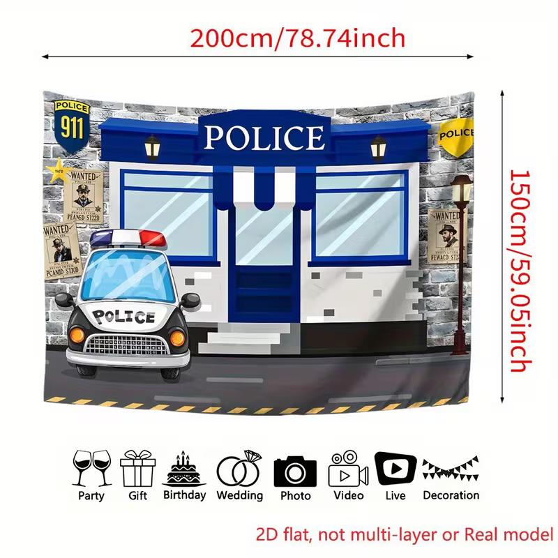 2D Cartoon Police Station Backdrop with Police Car & Wanted Posters