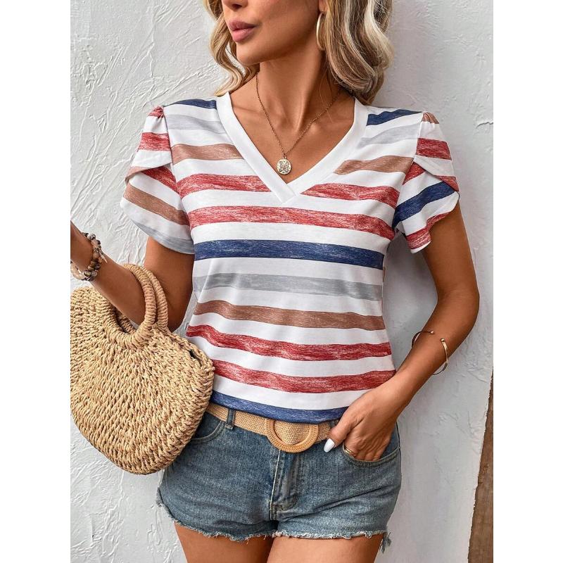 Hundreds of Striped Women's T-shirt Summer Casual V-neck Short-sleeved Tops Classic Style Oversize Loose Women's Clothing