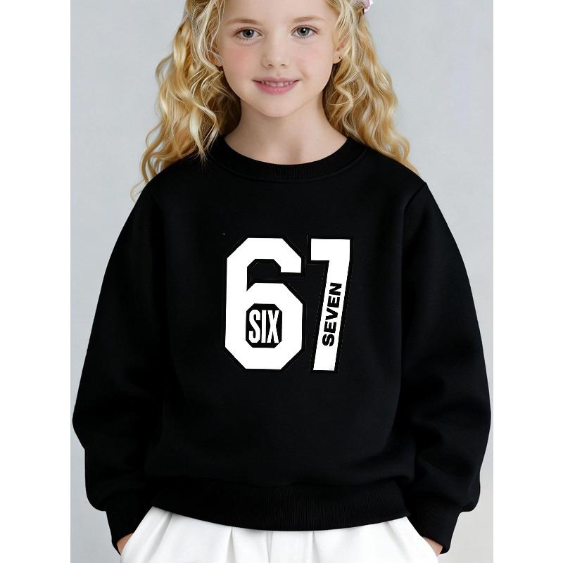 Kids Unisex Crewneck Sweatshirt, Big White Varsity 67 Number with SIX SEVEN Inside Text Print Long Sleeve Pullover, Sweatshirt for Boys Girls Ages 4+