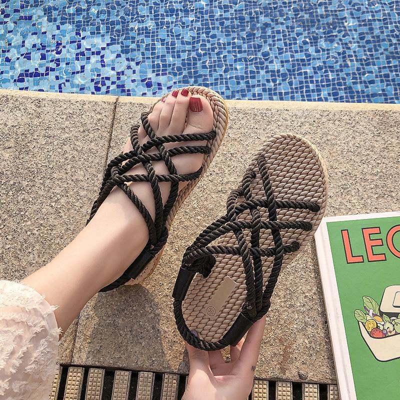 Summer New Korean Style Flat Bottom Sandals Women's Casual Beach Shoes Open Toe Knot Cross Rope Sandals Comfortable Ladies Flip