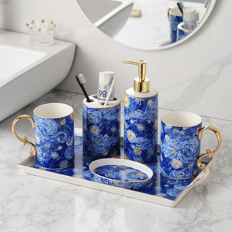 European Ceramic Blue Bathroom Five-piece Set Gold Border Gargle Cup Shampoo Bottle Soap Dish Wedding Gift Bathroom Accessories