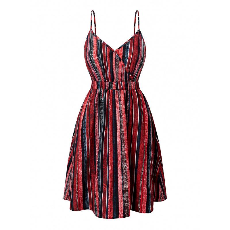 Evropské a americké horké prodeje Pruhované šaty s výstřihem do V na špagetová ramínka a zavinovacím střihem - Kolekce léto 2024