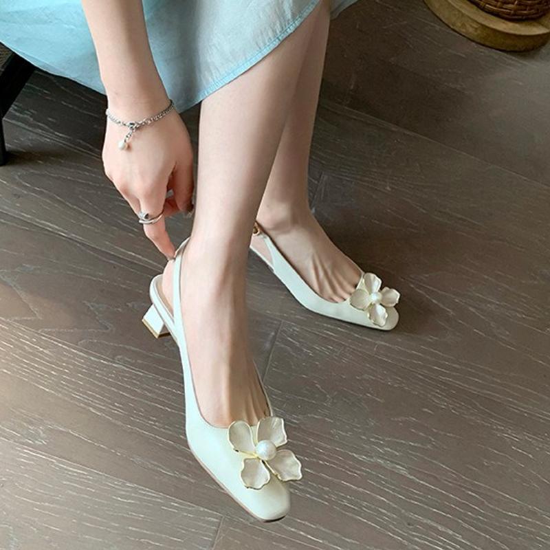 Fashion Elegant String Bead Flower Decoration Brand High Heels Women Sexy Pointy Toe Slingback Designer Shoe Fashion Wedding Bridal Shoe