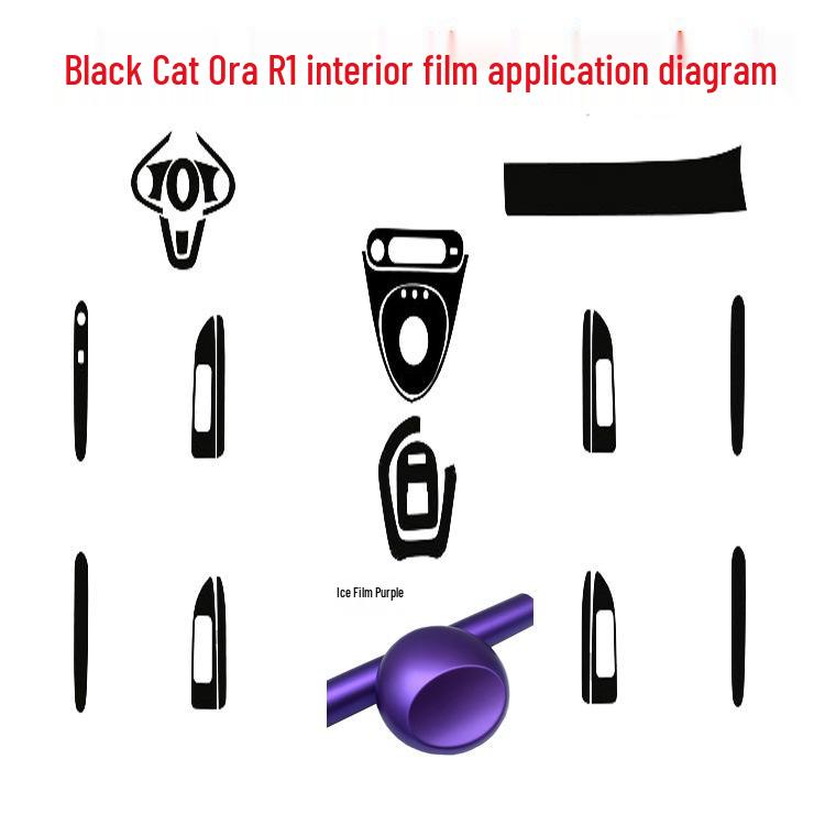 Carbon Fiber Interior Decor Stickers for Black Cat Ora R1: Central Control, Gear Position, and Door Panels