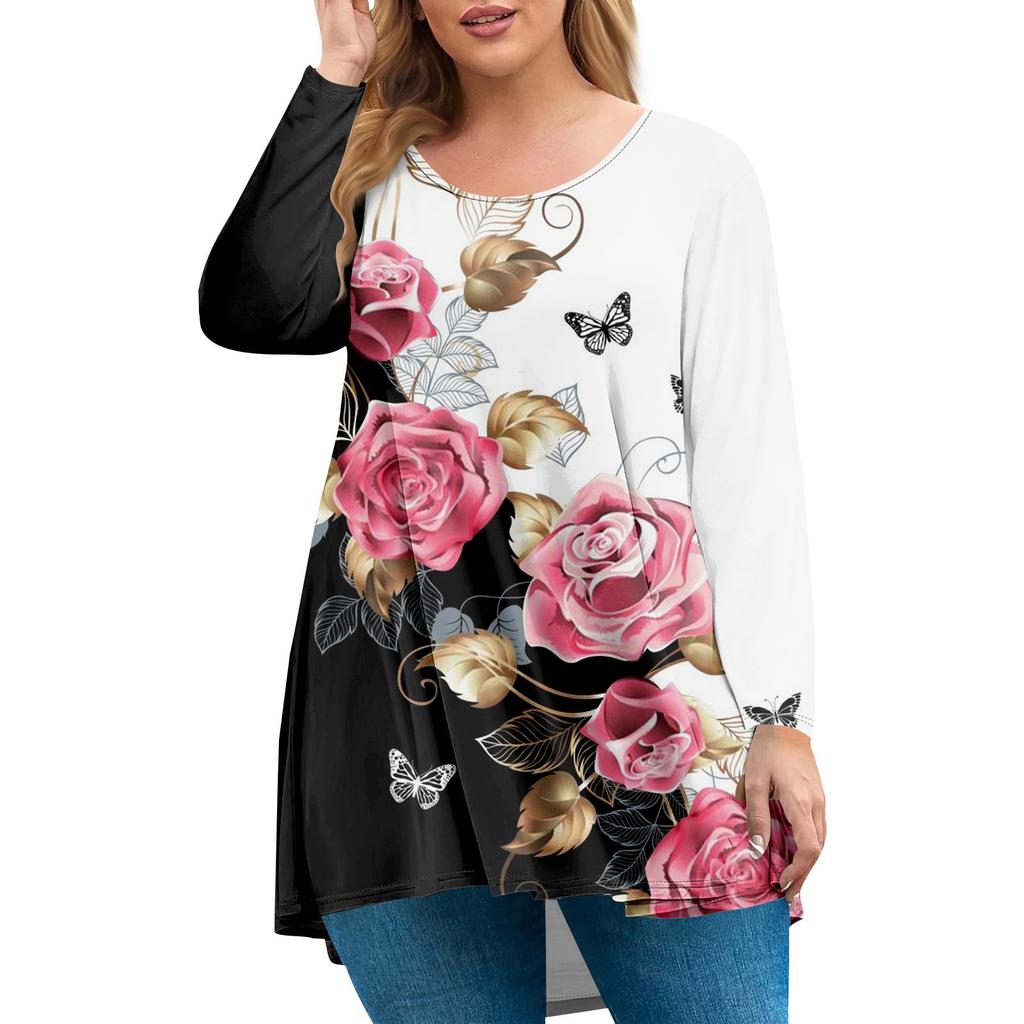 Women's plus size top, garden collar long sleeved shirt, fashionable floral print casual top