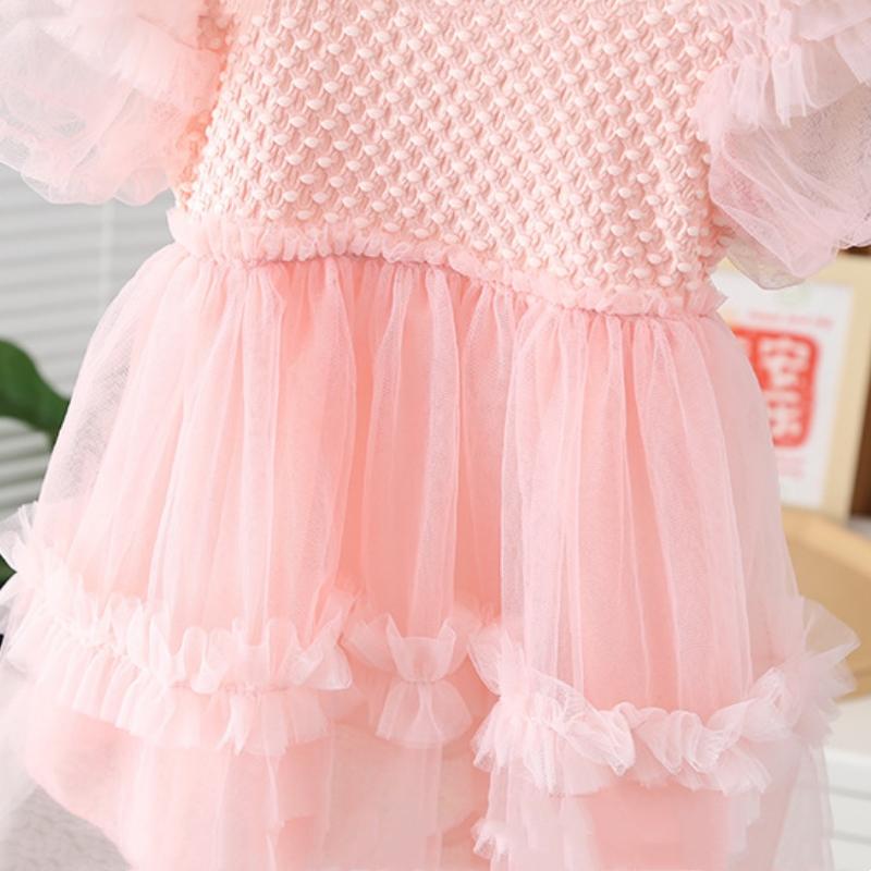 Sommer Neues Prinzessinnen-Stil Baby-Mädchenkleid Einfaches Einfarbiges Blasen-Kurzarm-Falten-Kuchenkleid Kinderkleidung Für Baby-Mädchen