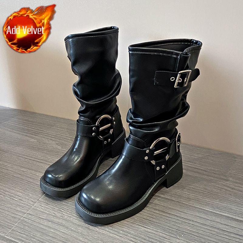 Fashion Leather Fleece-Lined Middle Heel Half High Boots for Women Comfortable and Elegant Y2k Large Size Warm Pu Mid Calf Shoes Woman