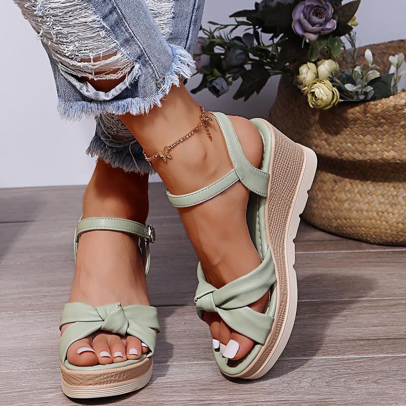 Wholesale Summer Women's High-Heeled Sandals New Cross-Border Straight Buckle Strap Thick Soled Height Increasing Wedge Sandals