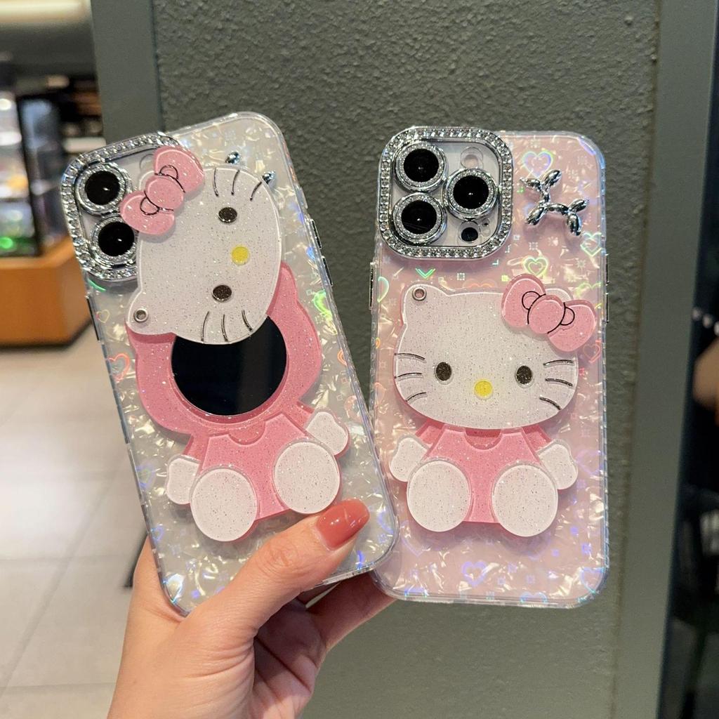 Heart Shell Dot Drilling Frame for Apple 17 Pro Max/15 Pro Phone Case with KT Cat Mirror