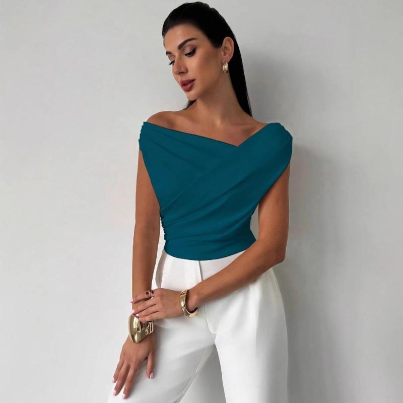 Camiseta sin mangas de color sólido para mujer, estilo simple, hombro caído, corte ajustado, top corto sin mangas