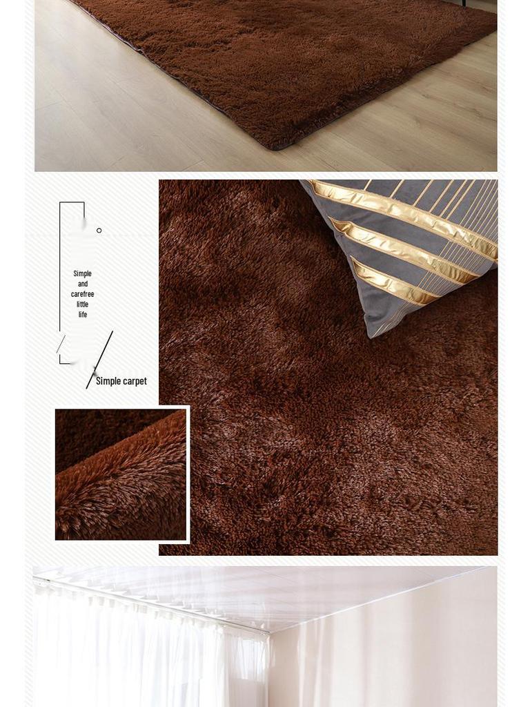 Long Pile Silk Wool Carpet - Full Coverage Bedroom and Living Room Rug, Solid Color