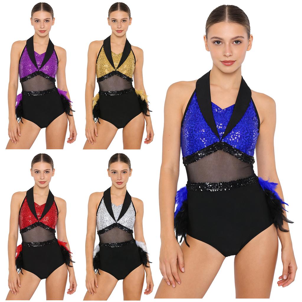 S-XXL Bodysuit da Ballo Rumba Cha-cha da Donna Lurex Lente a Paillettes Blocco di Colore Rete in Vita Orlo con Piume Taglio Senza Maniche Leotard Jumpsuit Costume da Ballo