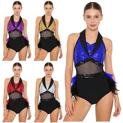 Dámský leotard na latinskoamerické tance S-XXL: Barevný overal s flitry, síťovinou a péřovými detaily, bez rukávů s výstřihem