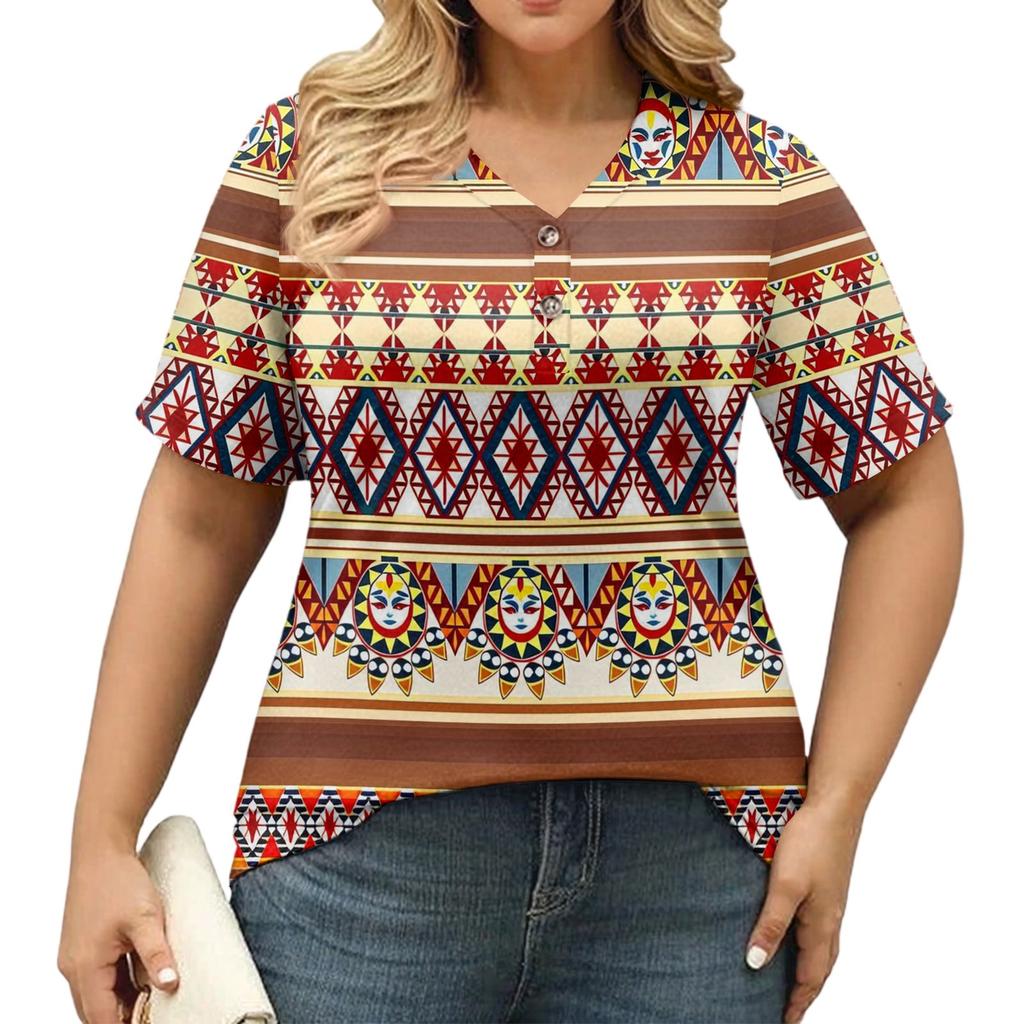 Women's Fashion Casual Printed V-Neck Short Sleeve Large Size T-Shirt Top