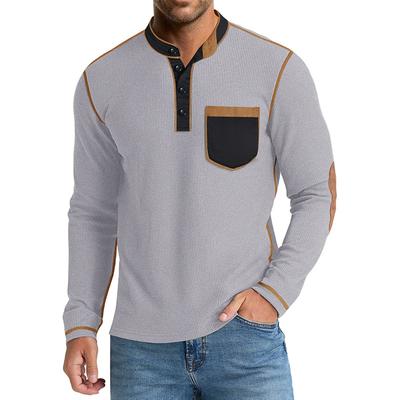 Amerikanisches Retro Herren Langarm-T-Shirt mit Henry-Kragen Ausländisches Herbst- und Winter-Patchwork-Waffel-T-Shirt Lässige Oberteile