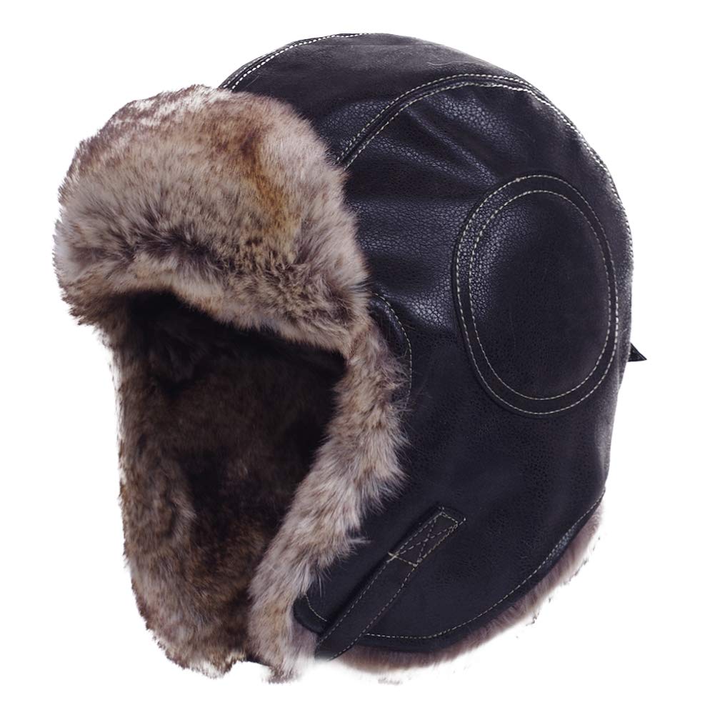 Pilot Russian Fur Pilot Cap Black Leather [Janey&Rubbins] Cap, Style, Warm, Earflaps, Lining, Skiing, Outdoor, Unisex, (L, #2)