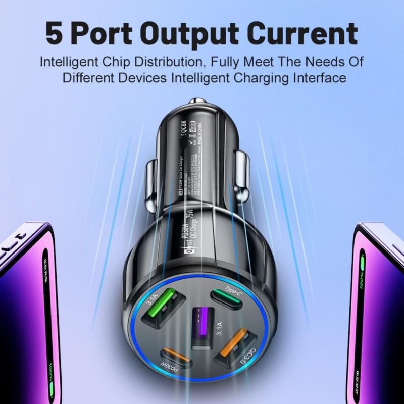 Schnelle 90W Autoladegeräte 3 in 1 mit zwei PD- und QC3.0-Anschlüssen zum schnellen Aufladen von Telefonen, Tablets, Laptops