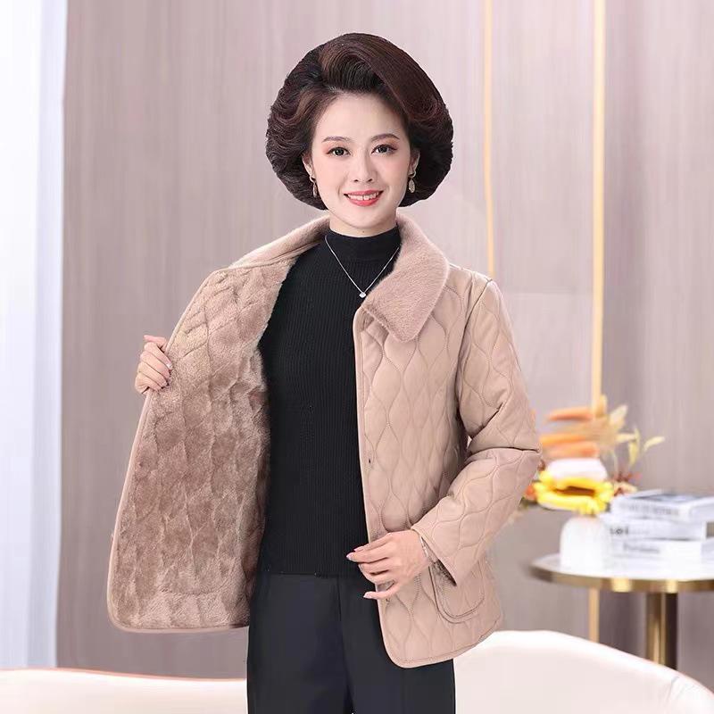 Chic Winter Fleece-lined Coat for Middle-aged & Elderly Women - Fashionable Leather-Feel, Loose Fit Top