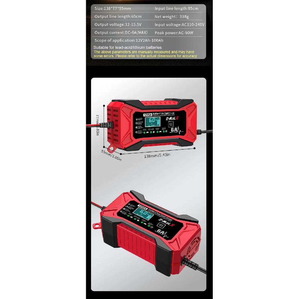 12V 6A Car Battery Charger Pulse Repair LiFePO4 14.6V Smart Fast Charge AGM Deep Cycle GEL Lead-Acid Charger For Auto Motorcycle