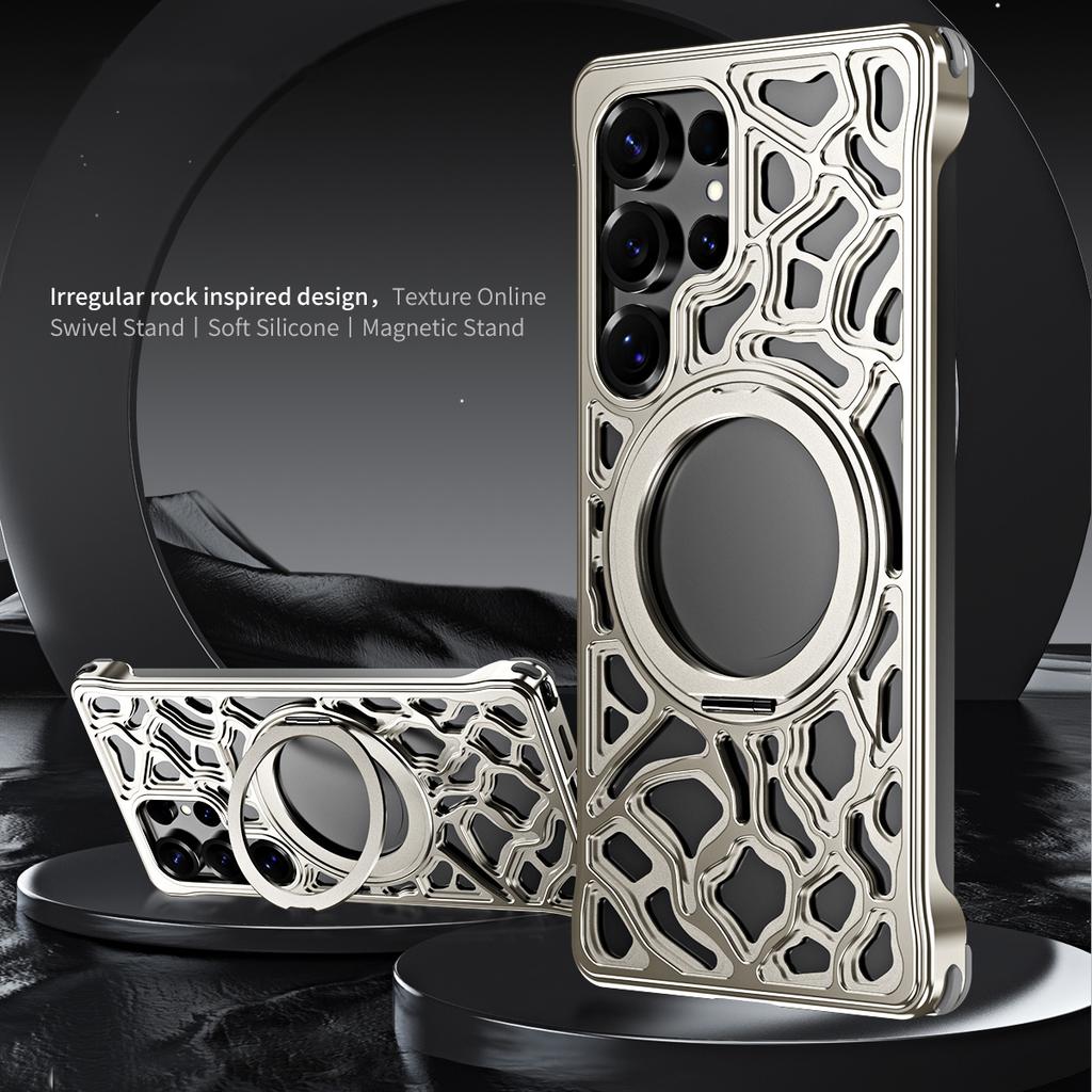 For Samsung Galaxy S25 Ultra Case Alloy Metal Borderless Back Cover with Magnetic Kickstand