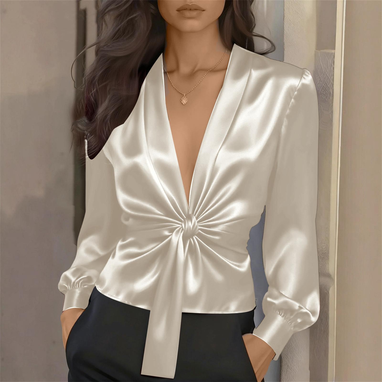 

Women s Deep V,neck Elegant Satin Shirt Long Sleeves M бежевий