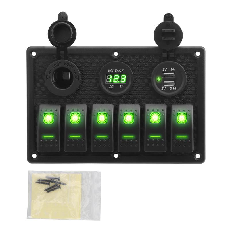4.2A Dual USB Slot Socket 6 Gang Rocker Switch Panel Digital Voltage Display for Marine Boat Car Rv Vehicles Truck Yacht