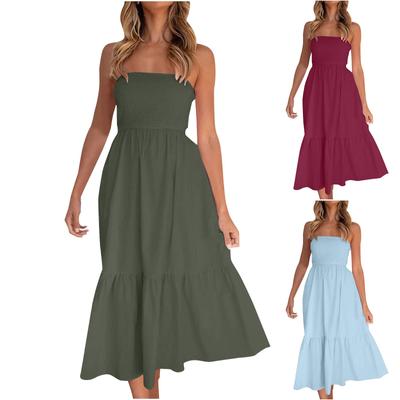 Strapless Dress For Women Color Summer Beach Boho Smocked Tube Top Long Dress