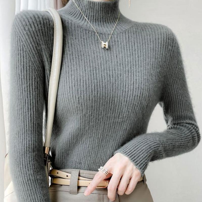 Damski Ciepły Sweter z Półgolfem w Delikatnym Różu Jesień Zima Dopasowany Warstwa Bazowa Top