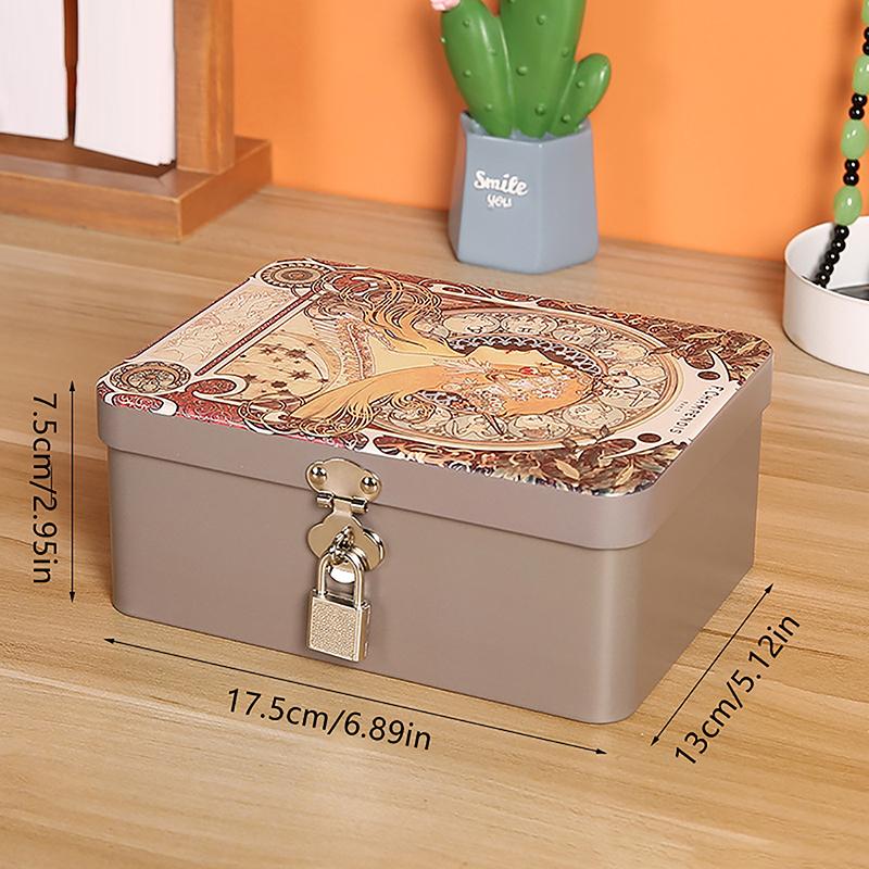 Vintage Large Capacity Tinplate Box With Lock Key Desktop Storage Case Metal Box Jewelry Storage Empty Box