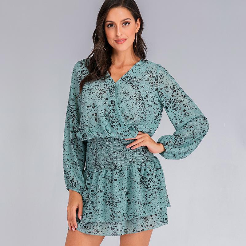 Women Floral Print Long Sleeve Mini Dress Casual High Waist Beach Short Dress