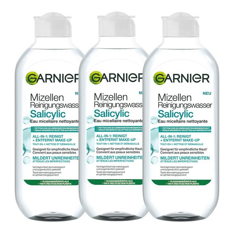 Garnier Skin Active Micellar Cleansing Water, Salicylic Acid Gentle Cleansing for Troubled Skin, 400ml, 3 Pcs