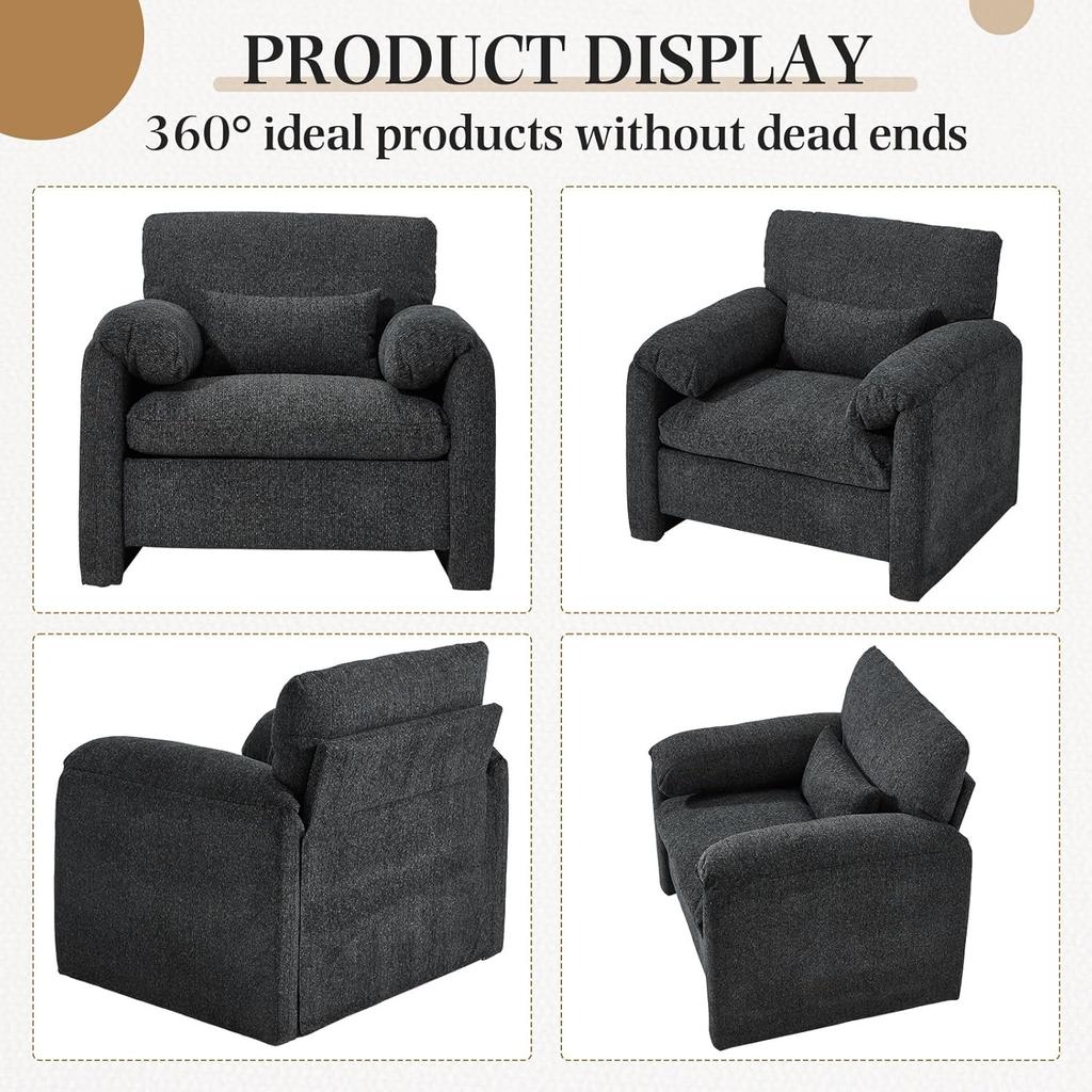 YODOLLA Armchair Sofa for Living Room, Large Single Sofa Padded Seat with Lumbar Pillow, Velvet Morden Accent Chairs, Black