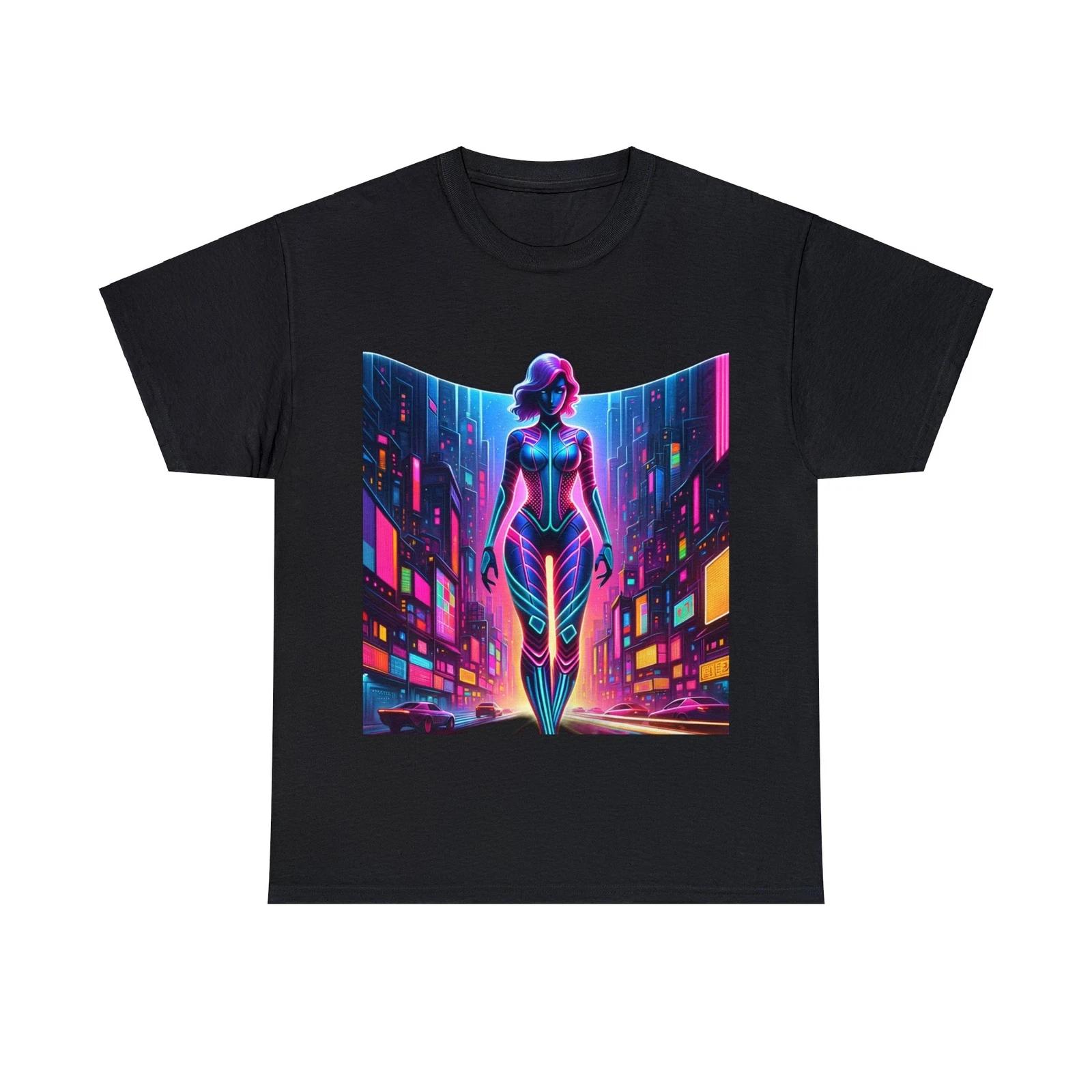 

Unisex Adult T Shirt Futuristic Cyborg Robot AI Woman Sleek Sexy Cityscape Tee L