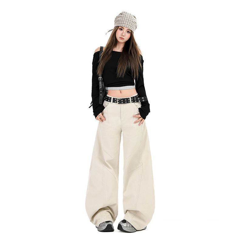 Elegant Vintage Apricot High Street Cargo Comfy Loose Saber Cut Floor Sweeping Denim Pants For Women Early Spring Casual Pants Oversize Denim Trousers