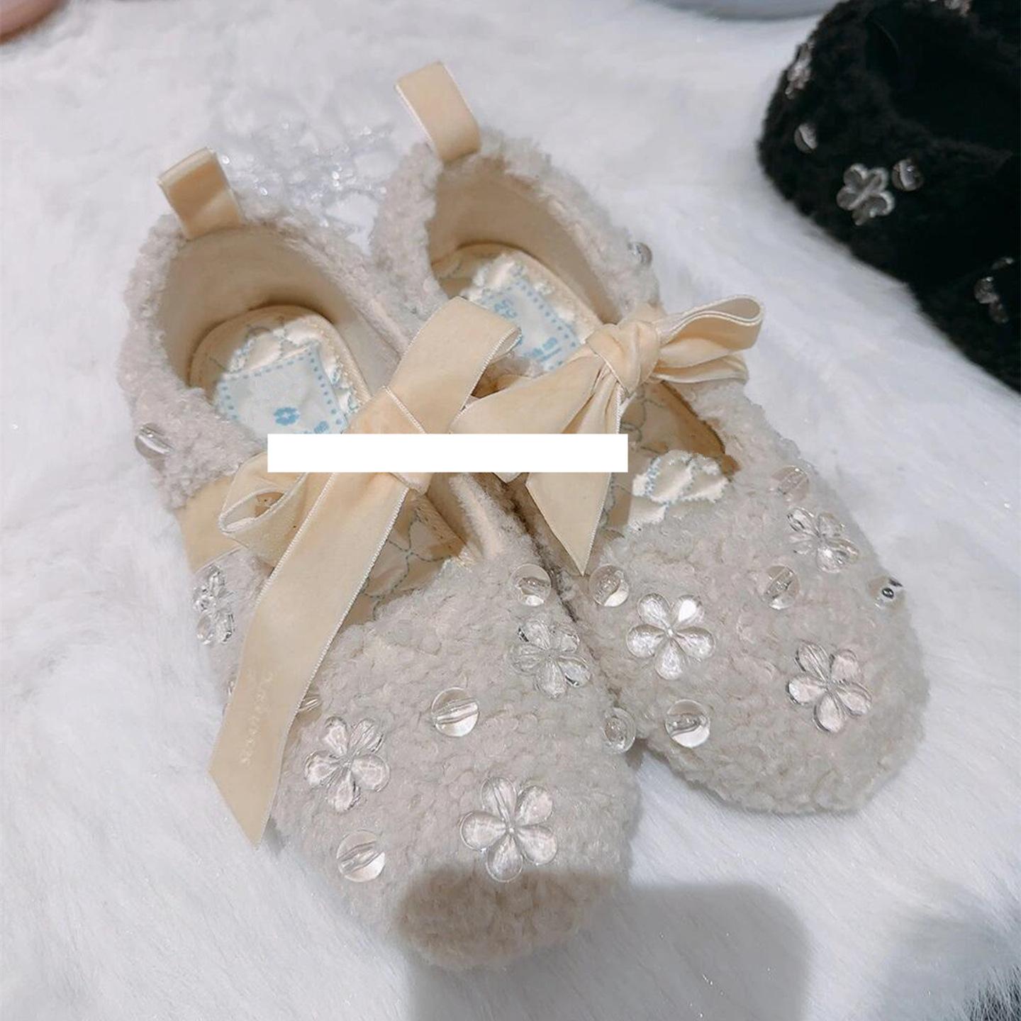 

2025 осень и зима новая обувь с пушистым бантом из страз женские бархатные термохлопковые туфли на плоской подошве Мэри Джейн с неглубоким вырезом одинарные туфли 40 белый