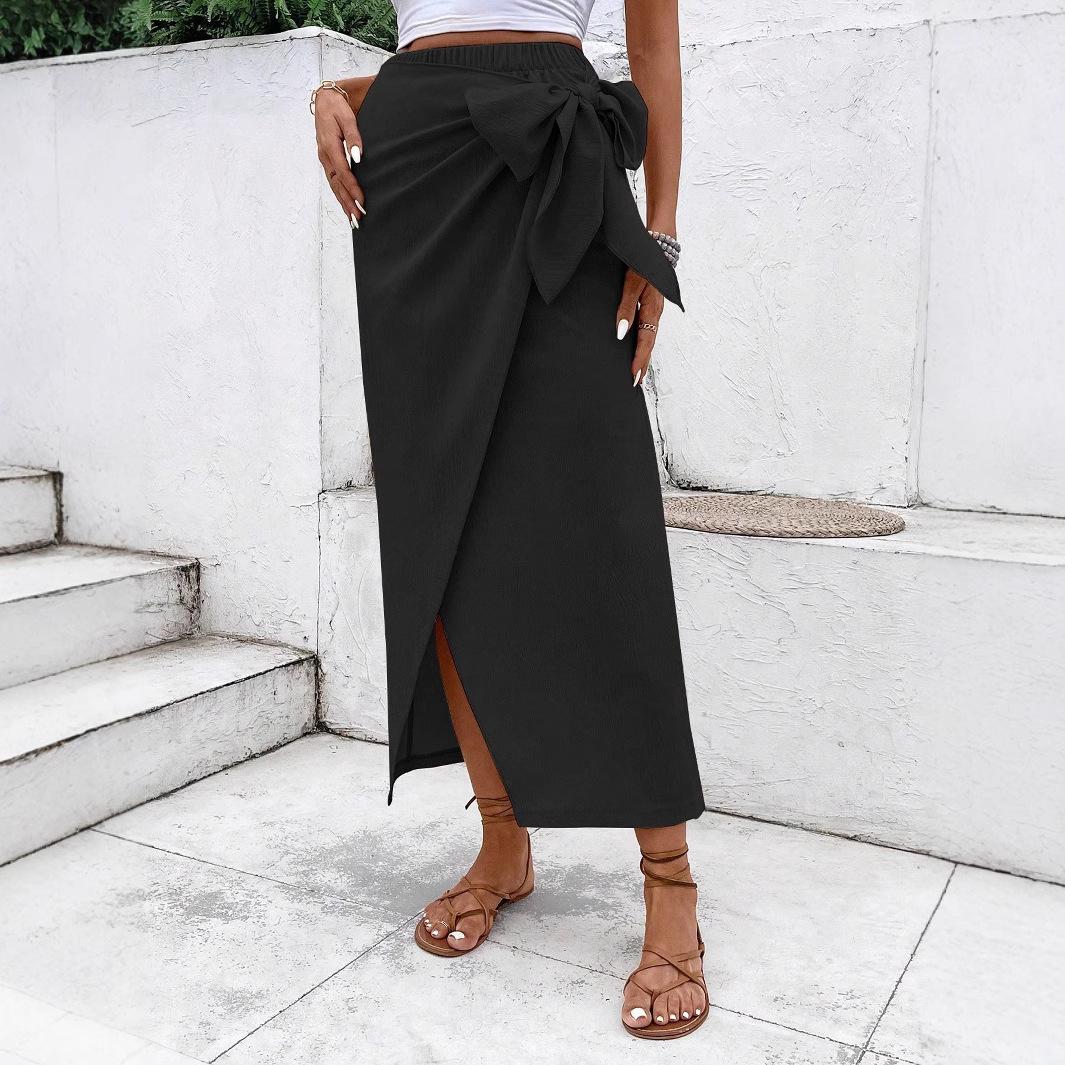 

Women s Casual Irregular Design Bow Tie Solid Color High Waist Skirt S чёрный